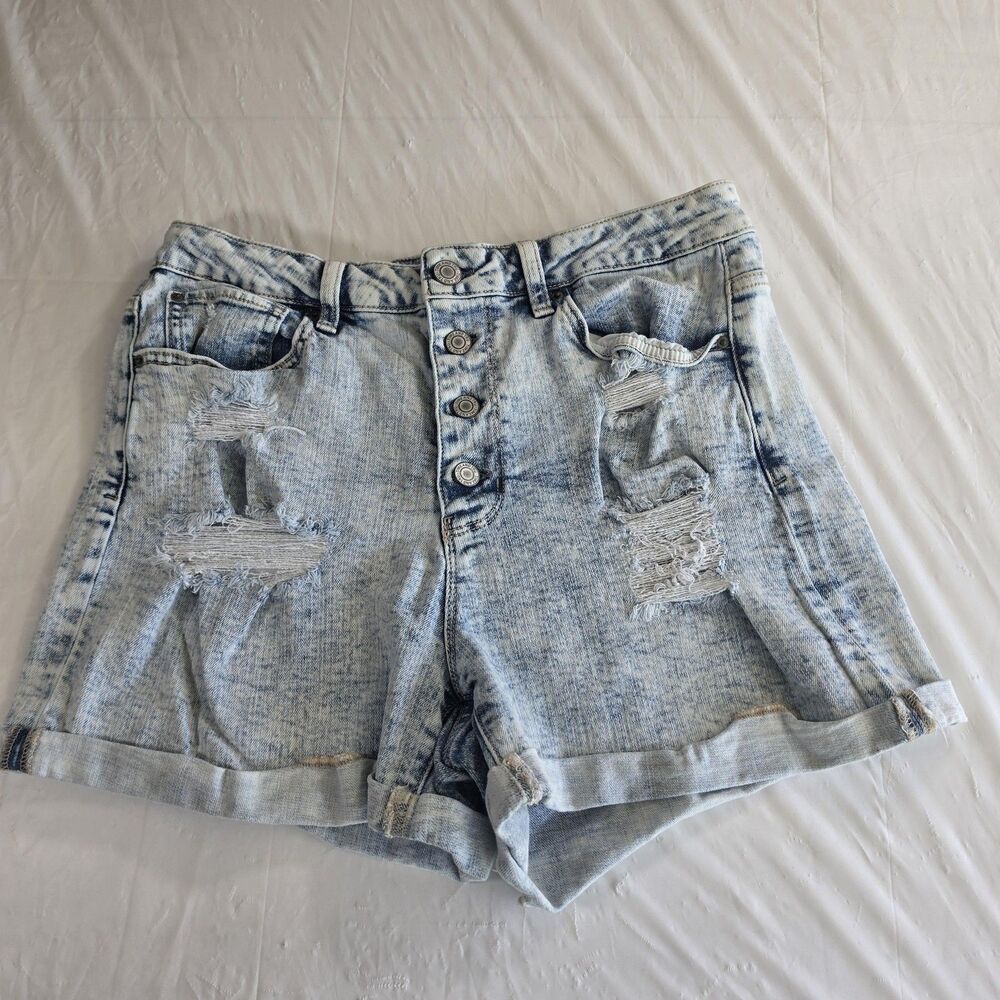 Time And Tru Shorts Womens 12 Blue Mom Distressed Denim Button Fly Cuffed